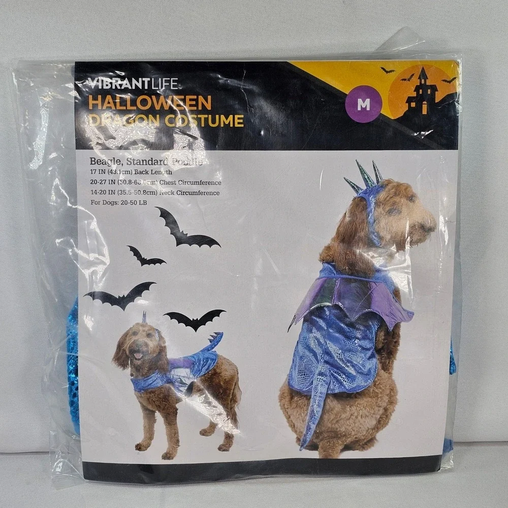 New Vibrant Life Halloween Dragon Costume Dog Medium Blue Metallic Wings 2pc Set
